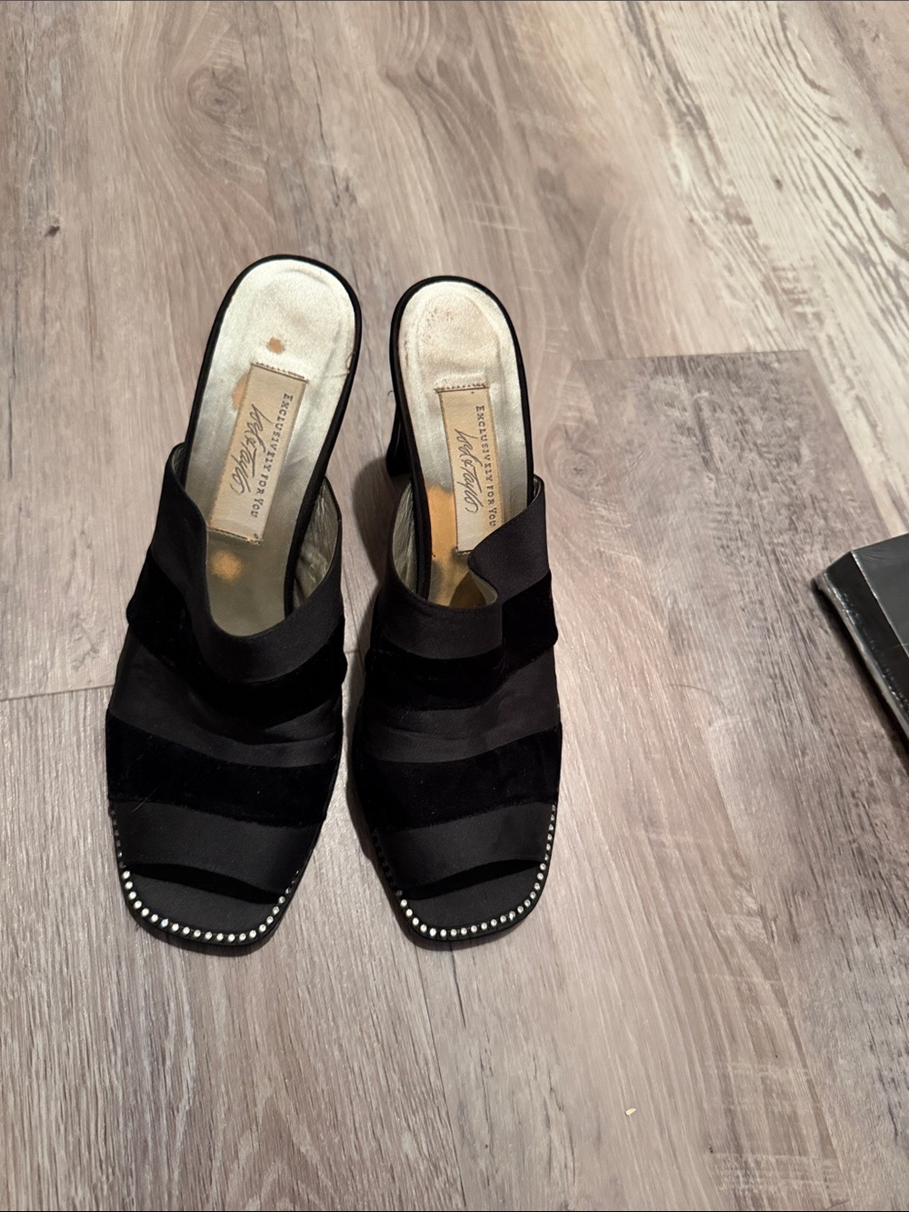Lord & Taylor Black Strappy Mule Heels with Studded Toe